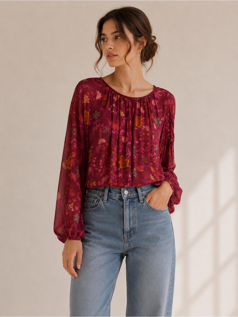 Free People Floral Peasant Boho Ballon Sleeve Blouse - Berry Size Extra Small